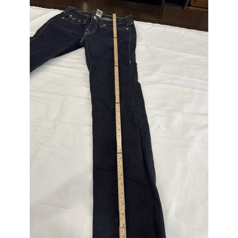 Women's True Religion High-Rise Bootcut Dark Wash Flap Pocket Thick Stitch Sz 32